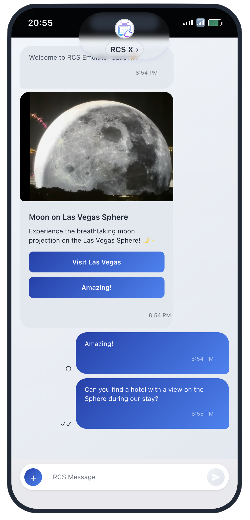 iPhone simulation showing rendered RCS conversation